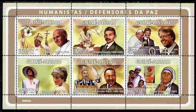 Guinea - Bissau 2008 Humanitarians perf sheetlet containing 6 values unmounted mint Michel 3951-56, stamps on personalities, stamps on gandhi, stamps on constitutions, stamps on pope, stamps on religion, stamps on women, stamps on royalty, stamps on racism, stamps on human rights, stamps on peace, stamps on nobel, stamps on teresa, stamps on diana, stamps on usa presidents, stamps on americana