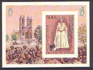 Upper Volta 1978 25th Anniversary of Coronation optd on Silver Jubilee 500f imperf m/sheet, opt in silver, SG MS 497, Mi BL 51b unmounted mint, stamps on royalty, stamps on silver jubilee, stamps on coronation