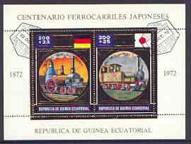 Equatorial Guinea 1972 Japanese Trains Centenary m/sheet containing 2 vals (Steam trains 200+25p) in gold with white background (Mi BL 39) fine cto used, stamps on railways