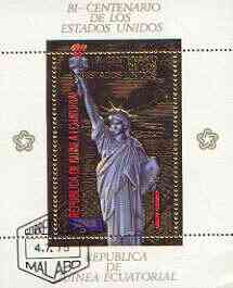 Equatorial Guinea 1975 USA Bicentenary perf sheetlet #1 containing 200E val (Statue of Liberty) in gold with white background, fine cto used, Mi BL178, stamps on americana, stamps on monuments, stamps on liberty, stamps on statues, stamps on civil engineering
