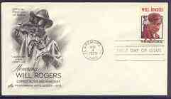 United States 1979 Performing Arts - Will Rogers (actor & author) on illustrated cover with first day cancel, SG 1773, stamps on films, stamps on entertainments, stamps on movies, stamps on literature, stamps on personalities