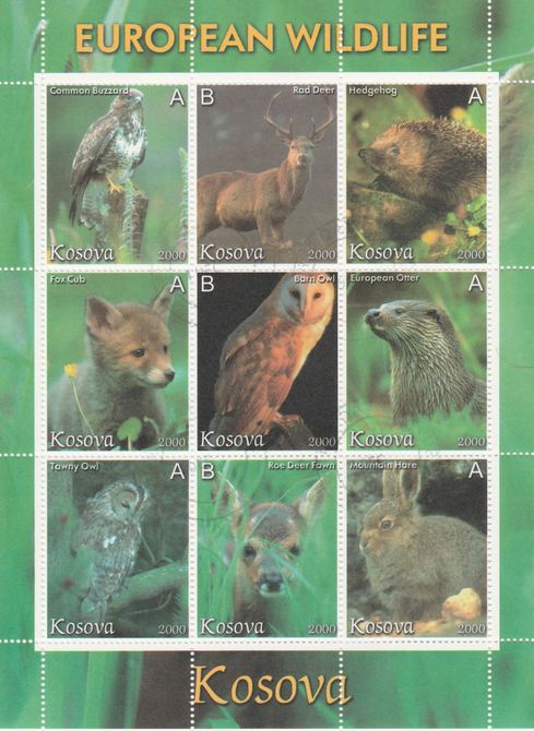 Kosova 2000 European Wildlife perf sheetlet containing set of 9 values fine cto used, stamps on birds, stamps on birds of prey, stamps on buzzard, stamps on animals, stamps on deer, stamps on owls, stamps on fox, stamps on otter, stamps on hare, stamps on  fox , stamps on foxes, stamps on hedgehogs