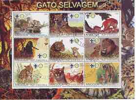 Angola 2000 Big Cats perf sheetlet containing set of 9 values (horiz format) each with Rotary & Scouts Logos, fine cto used, stamps on cats, stamps on lions, stamps on tigers, stamps on leopards, stamps on cheetahs, stamps on rotary, stamps on scouts
