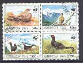 Azerbaijan 1994 WWF (Birds) set of 4 in se-tenant block cto used, SG 178-81, stamps on birds, stamps on wwf, stamps on game, stamps on grouse, stamps on  wwf , stamps on 