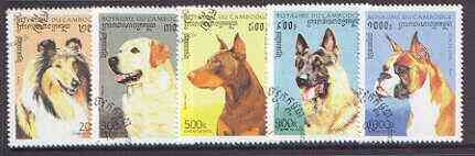 Cambodia 1996 Dogs complete perf set of 5 cto used, SG 1584-88, stamps on , stamps on  stamps on dogs, stamps on  stamps on collie, stamps on  stamps on labrador, stamps on  stamps on  gsd , stamps on  stamps on boxer, stamps on  stamps on doberman