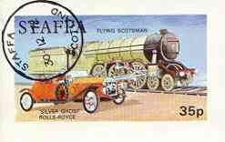 Staffa 1972 Pictorial imperf souvenir sheet (35p value) Transport (Flying Scotsman & RR Silver Ghost) cto used, stamps on cars, stamps on railways, stamps on rolls royce, stamps on stamp exhibitions, stamps on scots, stamps on scotland