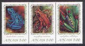 Abkhazia 2000 Frogs & Toads #1 se-tenant perf strip of 3 unmounted mint, stamps on animals, stamps on reptiles, stamps on frogs