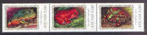 Abkhazia 2000 Frogs & Toads #2 se-tenant perf strip of 3 unmounted mint, stamps on animals, stamps on reptiles, stamps on frogs
