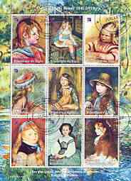 Niger Republic 1998 Paintings by Pierre Auguste Renoir perf sheetlet containing 9 values cto used, stamps on arts, stamps on renoir, stamps on teddy bears, stamps on 