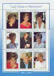 Benin 1998 Princess Diana Memoriam perf sheetlet containing 9 values unmounted mint, stamps on royalty, stamps on diana