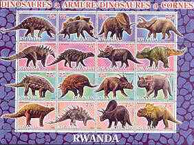 Rwanda 2001 Dinosaurs perf sheetlet #4 (Dinosaures a Armure / a Cornes) containing set of 16 x 75f values unmounted mint, stamps on dinosaurs