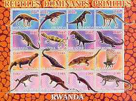 Rwanda 2001 Dinosaurs perf sheetlet #5 (Reptiles Dominants Primitifs) containing set of 16 x 100f values unmounted mint, stamps on dinosaurs, stamps on reptiles