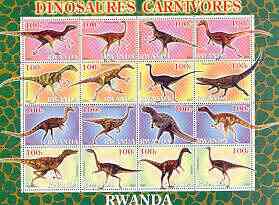 Rwanda 2001 Dinosaurs perf sheetlet #6 (Dinosaures Carnivores) containing set of 16 x 100f values unmounted mint, stamps on dinosaurs, stamps on 