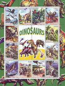 Timor (East) 2001 Dinosaurs perf sheetlet #1 containing set of 16 values unmounted mint, stamps on dinosaurs, stamps on 