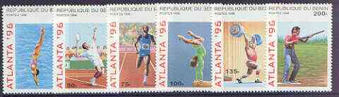 Benin 1996 Atlanta Olympic Games (2nd Issue) complete perf set of 6 values unmounted mint, SG 1347-52, stamps on olympics, stamps on sport, stamps on diving, stamps on tennis, stamps on running, stamps on weightlifting, stamps on gymnastics, stamps on rifles, stamps on  gym , stamps on gymnastics, stamps on 
