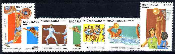 Nicaragua 1983 Pan-American Games complete perf set of 7 unmounted mint, SG 2487-93, stamps on , stamps on  stamps on sport, stamps on  stamps on baseball, stamps on  stamps on running, stamps on  stamps on basketball, stamps on  stamps on water polo, stamps on  stamps on weightlifting, stamps on  stamps on fencing, stamps on  stamps on gymnastics, stamps on  stamps on  gym , stamps on  stamps on gymnastics, stamps on  stamps on 