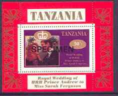 Tanzania 1986 Royal Wedding (Andrew & Fergie) the unissued 30s individual perf deluxe sheet opt'd SPECIMEN unmounted mint, stamps on royalty, stamps on andrew, stamps on fergie, stamps on 