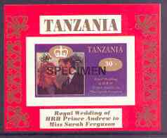 Tanzania 1986 Royal Wedding (Andrew & Fergie) the unissued 30s individual imperf deluxe sheet optd SPECIMEN unmounted mint, stamps on royalty, stamps on andrew, stamps on fergie, stamps on 