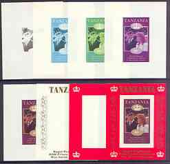 Tanzania 1986 Royal Wedding (Andrew & Fergie) the unissued 80s individual imperf deluxe sheet, the set of 8 progressive colour proofs comprising various singles and combinations incl completed design unmounted mint, stamps on royalty, stamps on andrew, stamps on fergie, stamps on 