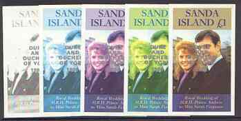 Sanda Island 1986 Royal Wedding imperf souvenir sheet (\A31 value) optd Duke & Duchess of York in silver, the set of 5 progressive proofs, comprising single colour, 2-col..., stamps on royalty, stamps on andrew & fergie