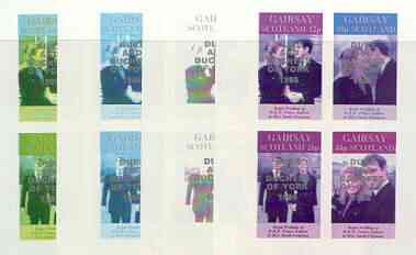 Gairsay 1986 Royal Wedding imperf sheetlet of 4 opt'd Duke & Duchess of York in silver, the set of 4 progressive proofs, comprising single colour, 2-colour plus two x 3-colour combinations, each with opt. (16 proofs) unmounted mint, stamps on , stamps on  stamps on royalty, stamps on  stamps on andrew & fergie