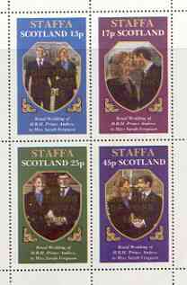 Staffa 1986 Royal Wedding perf sheetlet of 4 optd Duke & Duchess of York in gold, unmounted mint, stamps on royalty, stamps on andrew & fergie