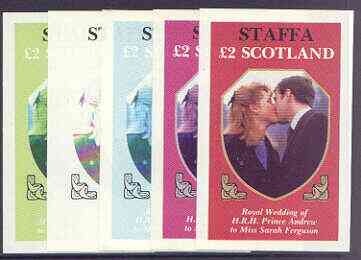 Staffa 1986 Royal Wedding imperf deluxe sheet (\A32 value) the set of 5 progressive proofs, comprising single colour, 2-colour, two x 3-colour combinations plus completed design (5 proofs) unmounted mint, stamps on royalty, stamps on andrew & fergie