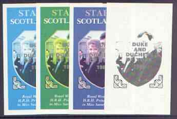 Staffa 1986 Royal Wedding imperf souvenir sheet (\A31 value) opt'd Duke & Duchess of York in silver, the set of 4 progressive proofs, comprising single colour, 2-colour plus two x 3-colour combinations, all with opt. (4 proofs)  unmounted mint, stamps on royalty, stamps on andrew & fergie