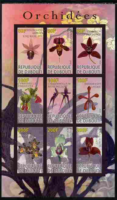 Djibouti 2010 Orchids imperf sheetlet containing 9 values unmounted mint, stamps on flowers, stamps on orchids