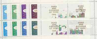 Calve Island 1986 Royal Wedding perf sheetlet of 4 opt'd Duke & Duchess of York in gold, the set of 5 progressive proofs, comprising single colour, 2-colour, two x 3-colour combinations plus completed design each with opt. (20 proofs) unmounted mint, stamps on royalty, stamps on andrew & fergie