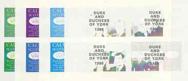 Calve Island 1986 Royal Wedding imperf sheetlet of 4 opt'd Duke & Duchess of York in silver, the set of 4 progressive proofs, comprising single colour, 2-colour and two x 3-colour combinations each with opt. (16 proofs) unmounted mint, stamps on , stamps on  stamps on royalty, stamps on  stamps on andrew & fergie