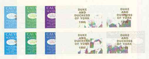 Calve Island 1986 Royal Wedding imperf sheetlet of 4 opt'd Duke & Duchess of York in gold, the set of 4 progressive proofs, comprising single colour, 2-colour and two x 3-colour combinations each with opt. (16 proofs) unmounted mint, stamps on , stamps on  stamps on royalty, stamps on  stamps on andrew & fergie