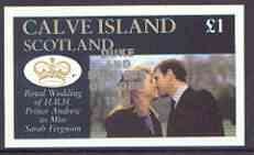 Calve Island 1986 Royal Wedding imperf souvenir sheet (Â£1 value) optd Duke & Duchess of York in silver, unmounted mint, stamps on royalty, stamps on andrew & fergie