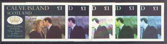 Calve Island 1986 Royal Wedding imperf souvenir sheet (\A31 value) opt'd Duke & Duchess of York in gold, the set of 5 progressive proofs, comprising single colour, 2-colour, two x 3-colour combinations plus completed design each with opt. (5 proofs) unmounted mint, stamps on royalty, stamps on andrew & fergie