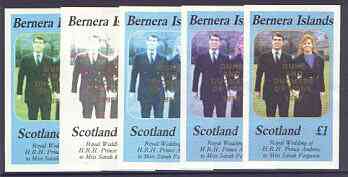 Bernera 1986 Royal Wedding imperf souvenir sheet (\A31 value) optd Duke & Duchess of York in gold, the set of 5 progressive proofs, comprising single colour, 2-colour, tw..., stamps on royalty, stamps on andrew & fergie
