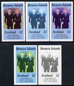 Bernera 1986 Royal Wedding imperf souvenir sheet (\A31 value) the set of 5 progressive proofs, comprising single colour, 2-colour, two x 3-colour combinations plus comple..., stamps on royalty, stamps on andrew & fergie