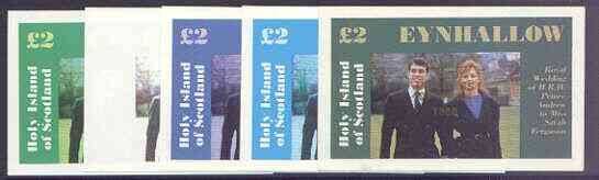 Eynhallow 1986 Royal Wedding imperf deluxe sheet (\A32 value) opt'd Duke & Duchess of York in gold, the set of 5 progressive proofs, comprising single colour, 2-colour, two x 3-colour combinations plus completed design each with opt. (5 proofs) unmounted mint, stamps on royalty, stamps on andrew & fergie