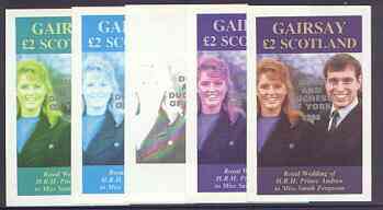 Gairsay 1986 Royal Wedding imperf deluxe sheet (\A32 value) optd Duke & Duchess of York in silver, the set of 5 progressive proofs, comprising single colour, 2-colour, tw..., stamps on royalty, stamps on andrew & fergie
