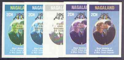 Nagaland 1986 Royal Wedding imperf deluxe sheet (2ch value) opt'd Duke & Duchess of York in gold, the set of 5 progressive proofs, comprising single colour, 2-colour, two x 3-colour combinations plus completed design each with opt. (5 proofs) unmounted mint, stamps on royalty, stamps on andrew & fergie