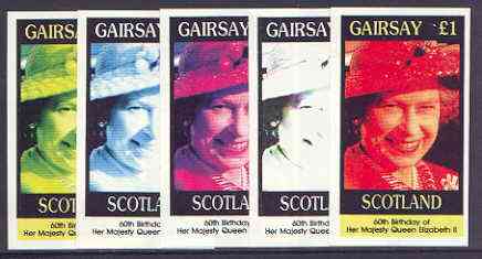 Gairsay 1986 Queen's 60th Birthday imperf souvenir sheet (\A31 value) the set of 5 progressive proofs comprising single colour, 2-colour, two x 3-colour combinations plus completed design (5 proofs) unmounted mint, stamps on royalty, stamps on 60th birthday