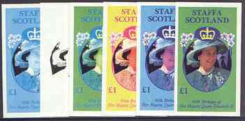 Staffa 1986 Queens 60th Birthday imperf souvenir sheet (\A31 value) the set of 6 progressive proofs comprising single colour, 2-colour, three x 3-colour combinations plus..., stamps on royalty, stamps on 60th birthday
