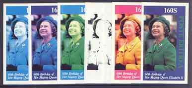 Eritrea 1986 Queen's 60th Birthday imperf souvenir sheet (160s value) the set of 6 progressive proofs comprising single colour, 2-colour, three x 3-colour combinations plus completed design (6 proofs), stamps on royalty, stamps on 60th birthday