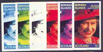 Bernera 1986 Queen's 60th Birthday imperf souvenir sheet (\A31 value) the set of 6 progressive proofs comprising single colour, 2-colour, three x 3-colour combinations plus completed design (6 proofs) unmounted mint, stamps on royalty, stamps on 60th birthday