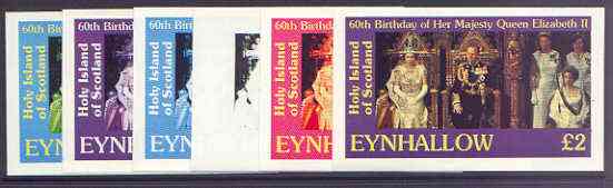 Eynhallow 1986 Queen's 60th Birthday imperf deluxe sheet (\A32 value) the set of 6 imperf progressive proofs comprising single colour, 2-colour, three x 3-colour combinations plus completed design (6 proofs) unmounted mint, stamps on royalty, stamps on 60th birthday