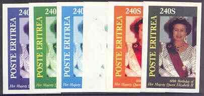 Eritrea 1986 Queen's 60th Birthday imperf deluxe sheet (240s value) the set of 6 imperf progressive proofs comprising single colour, 2-colour, three x 3-colour combinations plus completed design (6 proofs), stamps on royalty, stamps on 60th birthday