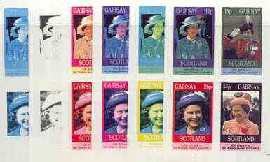 Gairsay 1986 Queen's 60th Birthday imperf sheetlet containing 4 values, the set of 6 progressive proofs comprising single colour, 2-colour, three x 3-colour combinations plus completed design (24 proofs) unmounted mint, stamps on royalty, stamps on 60th birthday