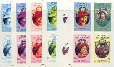 Staffa 1986 Queens 60th Birthday imperf sheetlet containing 4 values, the set of 6 progressive proofs comprising single colour, 2-colour, three x 3-colour combinations pl..., stamps on royalty, stamps on 60th birthday