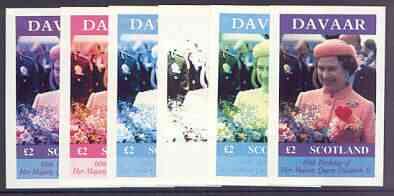 Davaar Island 1986 Queens 60th Birthday imperf deluxe sheet (\A32 value) the set of 6 imperf progressive proofs comprising single colour, 2-colour, three x 3-colour combi..., stamps on royalty, stamps on 60th birthday