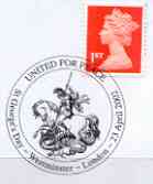 Postmark - Great Britain 2002 cover with St George's Day cancel 'United for Peace' illustrated with St George & Dragon, stamps on , stamps on  stamps on saints, stamps on  stamps on peace, stamps on  stamps on dragons, stamps on  stamps on st george