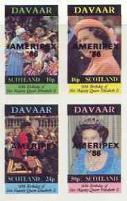 Davaar Island 1986 Queen's 60th Birthday imperf sheetlet of 4 with AMERIPEX opt in black unmounted mint, stamps on royalty, stamps on 60th birthday, stamps on stamp exhibitions